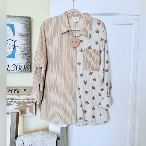 BiBi Tops - ❌SOLD❌BiBi Beige and Brown Striped Shirt